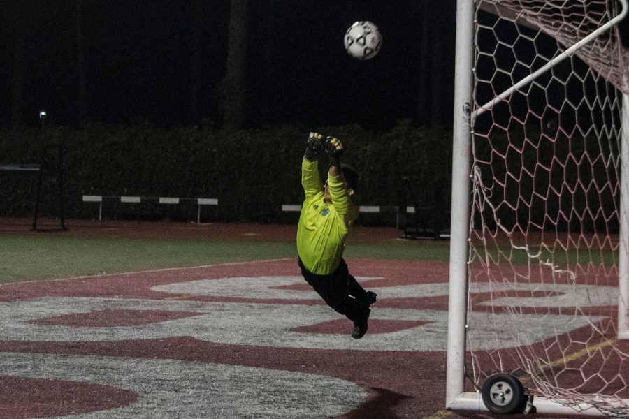 Condor goalkeeper Matthew Escareno (No. 0) makes a diving save against the Vaqueros on Tuesday, Nov. 1, at La Playa Stadium. City College remains in second place after losing, 2-0, to division leading Oxnard College.