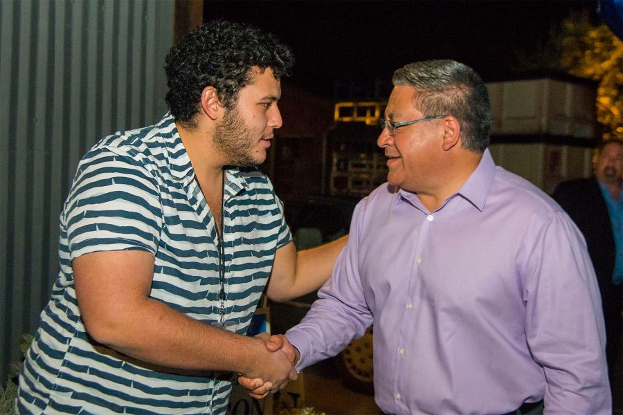 The Channels sports editor Othman Mechkor greets newly elected Congressman Salud Carbajal during the Democrat election party on Tuesday, Nov. 8, at The Mill in Santa Barbara. Channels staff covered all the election parties in the Santa Barbara area.