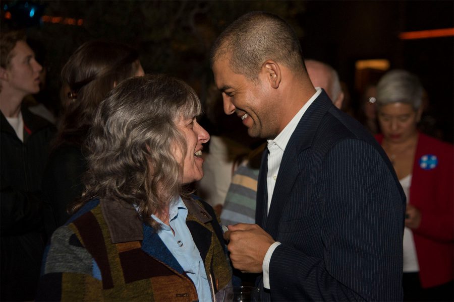 Assembly member Das Williams talks with supporters about the many local election wins for democrats to discuss the future for the county and the country on Tuesday, Nov. 8, at The Mill in Santa Barbara. Williams is a strong propionate for measures E and F.