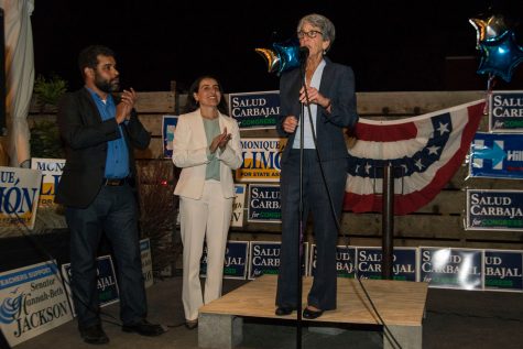 Senator Hannah Beth Jackson speaks to supporters at the Democrat election party on Tuesday, Nov. 8, at The Mill in Santa Barbara. Jackson is being reelected to her position as United States Senator for Calif.