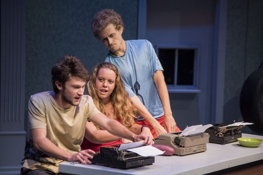 Johnny Waaler (left), Paisley ForsterSaunders and Benjamin McSherry rehearse their parts for the show, “All in the Timing” on Thursday, Nov. 3, in the Jurkowitz Theatre at City College. The show will run November 9-19.