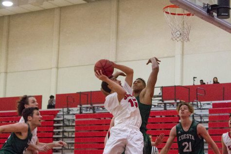 Robert Hutchins (No. 15) of the City College Vaqueros attempts to break a tied score in the first half of the game against the Cuesta City College Cougars held on Saturday, Feb. 4 in the Sports Pavilion. The Cougars won the game with a final score of 86 to 77.