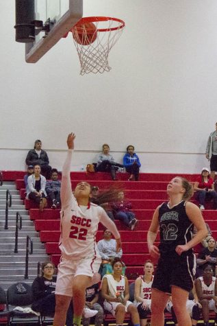 City College Vaquero Destiny Renteria (No. 22) helps her team maintain their lead against Cuesta City College Cougars on Saturday, Feb. 4, 2017, in the Sports Pavilion.