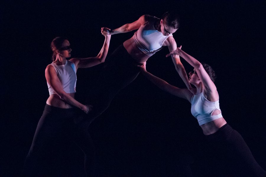 Cosmo DAguila, Kathy Lawson, and Rebeca Montecino perform Pictoral Maxim at the Center State Theater on Friday, Feb. 17. Their performance was one of of 37 pieces showcased in the 3rd annual HH11 Dance Festival.