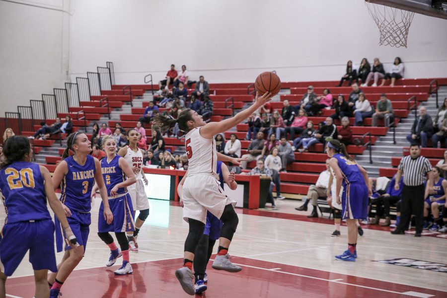 Liliana Ponce (No. 5) shoots a quick two-pointer in the game against the Hancock College Bulldogs on Saturday, Feb. 11, in the sports pavilion at Santa Barbara City College. The Vaqueros won 64-41.