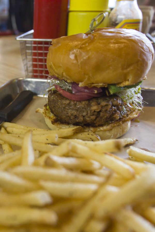 A Shoreline burger from Mesa Burger on Friday, Feb. 3, 2017, at Mesa Burger in Santa Barbara. A Shoreline Burger has a veggie patty, red pepper hummus, pickled red onions, sprouts and salsa verde. It costs $12.