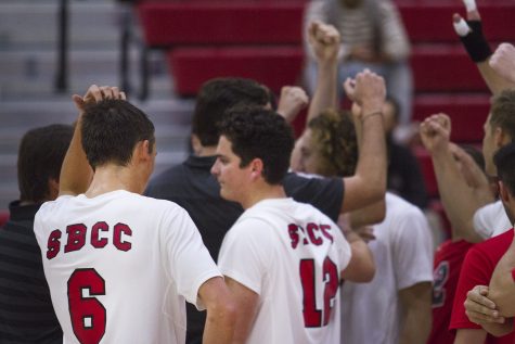 City College Vaqueros, Jonathan Baldwin (No.6) and Brett Filippin (No. 12) huddle up during a time out at the men’s volleyball game against the Orange Coast College Pirates on Wednesday, Feb. 8, 2017, in the sports pavilion at Santa Barbara City College. The Pirates swept the Vaqueros, 3-0.