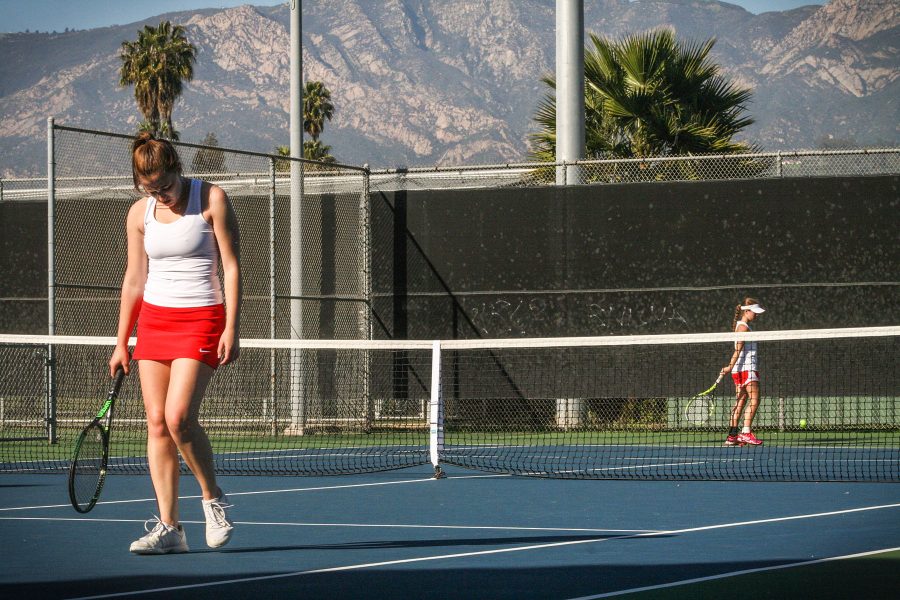 Sophomore Vaquero Tyler Bunderson during her singles match against the Bakersfield College Renegades on Tuesday, Feb. 14, 2017, at Santa Barbara City College. The Vaqueros lost, 7-2.