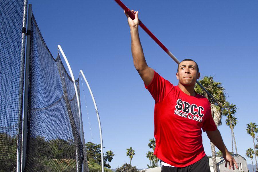 Sophomore Thrower Eddie Jones throws a javelin on Wednesday, March 15, at La Playa Stadium. Though Jones is best at shot put, he prefers the javelin.