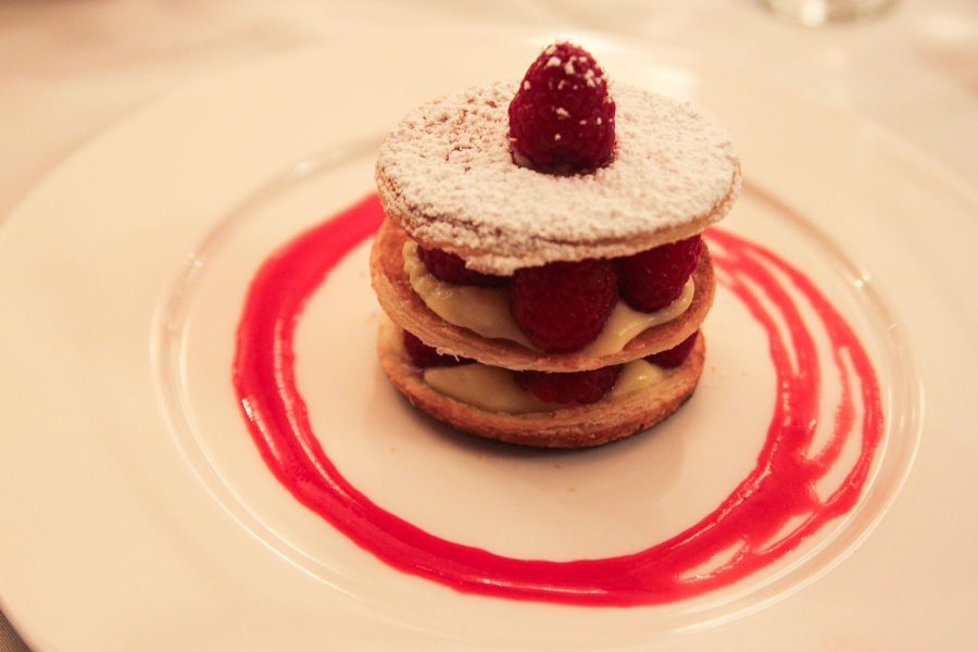 A raspberry mille feuille with vanilla cream and strawberries, served with raspberry coulis sauce on Thursday, Feb. 23, in the John Dunn Gourmet Dining Room at City College.