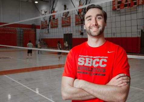 Jon Newton, new head coach for the men’s volleyball team, on Feb. 28, in the Sports Pavilion. Newton attended City College for two years and played for the volleyball team before transferring.