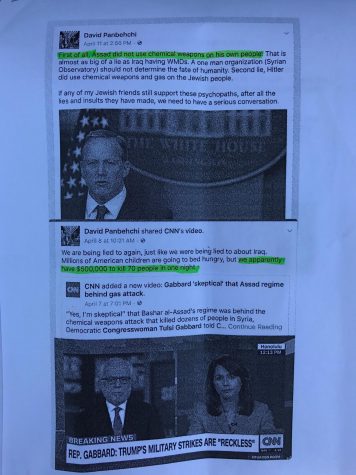 David Panbehchi’s facebook posts printed out by Parker Mitchell whose friends passed copies around at the “We The Students Candidates Debate” on Thursday, April 20, in Physical Science Building Room 101.