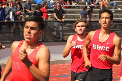 From left, Vaqueros Alex Ramirez and Jacob Ogawa run the 800 at the City College Easter Open track meet on Friday, April 14, 2017, at La Playa Stadium at Santa Barbara (Calif.) City College. Ramirez came in second place with a time of two minutes.