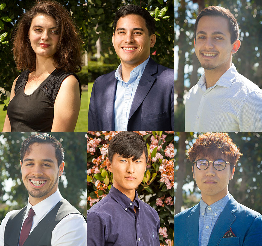 Associated Student Government election winners. Top from left, President-Elect Charlotte Donnay Rochard, Matthew Esguerra, elected as vice president of external affairs, and elected Student Trustee David Panbehchi. Bottom from left, Josh Villanueva, elected as vice president of internal affairs, elected Student Advocate Christopher Lee, and Yeihoon Choi, Vice president of operations and finance.