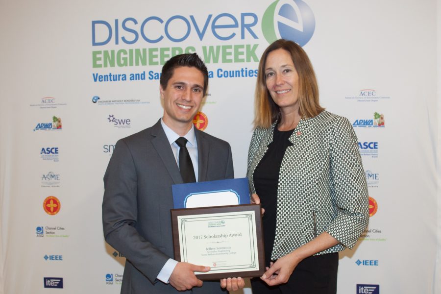 Courtesy art of Student Jeffrey Sorenson receiving the National Engineers Week of Ventura & Santa Barbara Counties Scholarship from California District 44 State Assembly Representative, Jacqui Irwin.