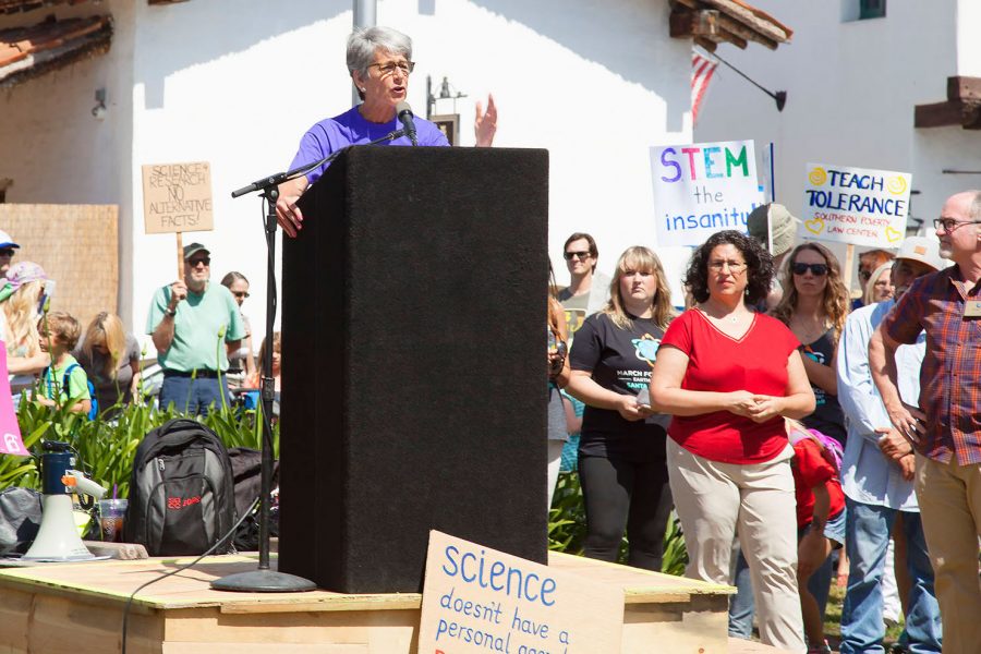 State Senator Hannah-Beth Jackson, gives a speech during the March For Science Day on Saturday, April 22, 2017 at De La Guerra Plaza in Downtown Santa Barbara.