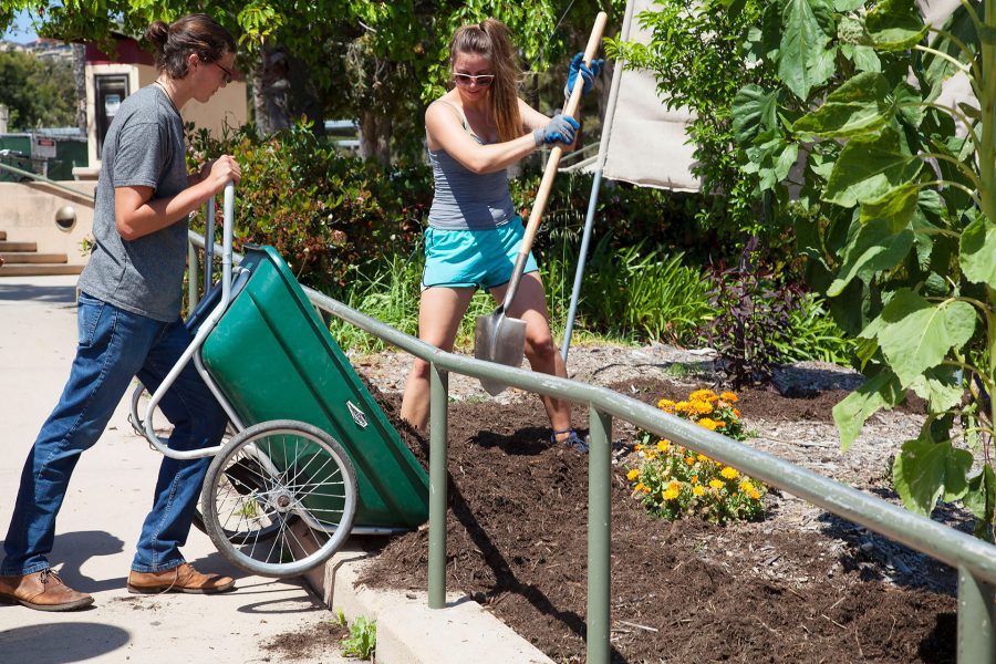 From left, Jackson Hayes and Nicole Wegrzyniak work together in the Permaculture Garden on Friday, April 21, on West Campus near the Business Communication Building. Hayes and Wegrzyniak are both members of the Sustainability club.