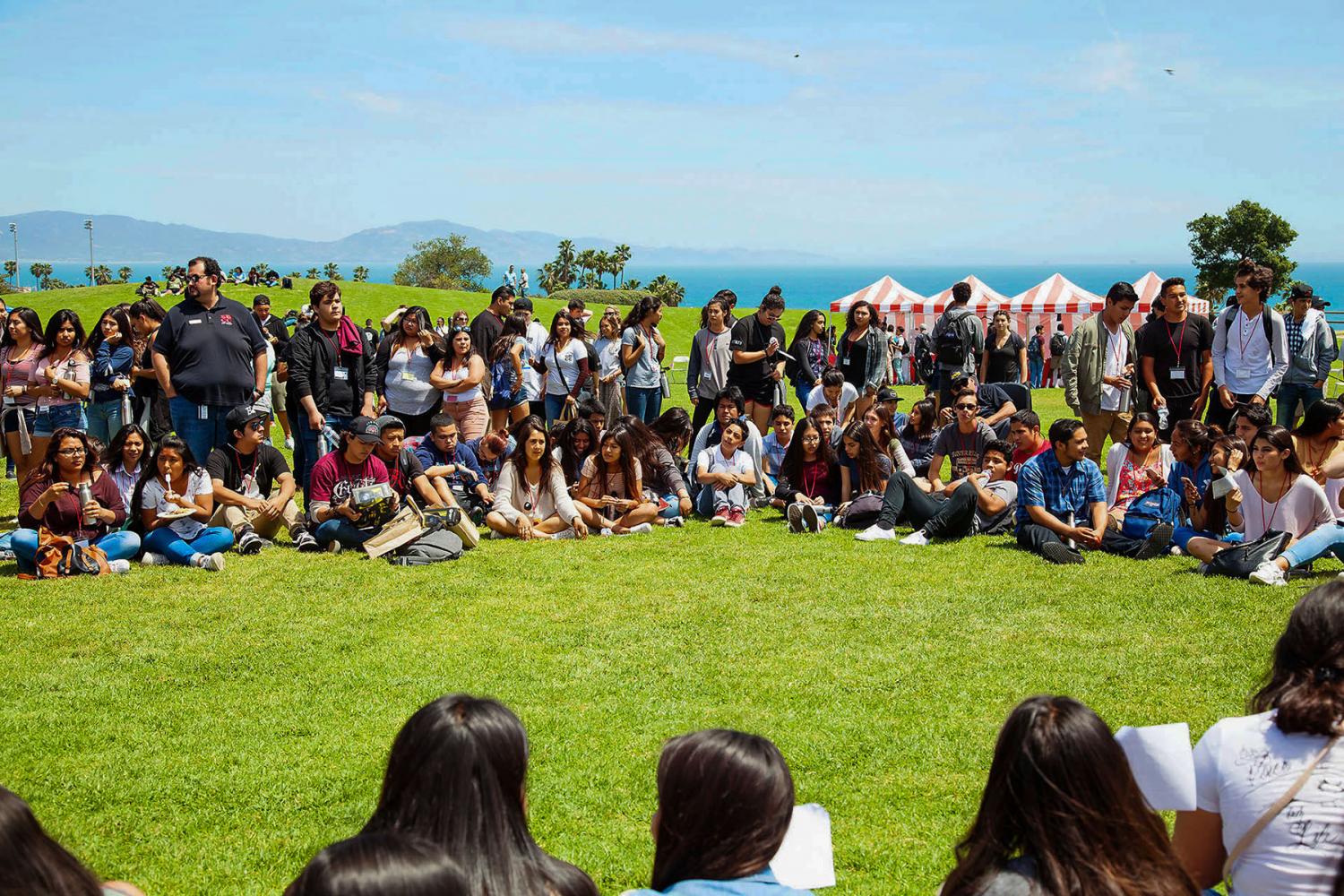 High school students and City College volunteers sit together listening to students life stories and a music performance at the “High School Equity and Leadership Conference” on Friday, April 28, on West Campus. Students were from the local high schools, Dos Pueblos, San Marcos, Carpinteria, and Santa Barbara high school.