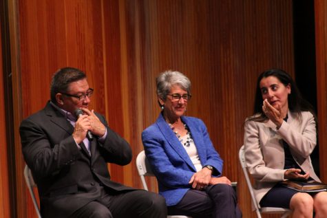 From left, Congressman Salud Carbajal, State Senator Hannah Beth Jackson and Assemblymember Monique Limon at “A Conversation with Attorney General Xavier Becerra” event in the Fe Bland Forum at 1:30 p.m. Saturday, Aug. 26 in the Fe Bland Forum in Santa Barbara (Calif.) City College. Carbajal had just joked “can we get a mental health plan” when answering a question from the audience asking “what can we do about our president?”