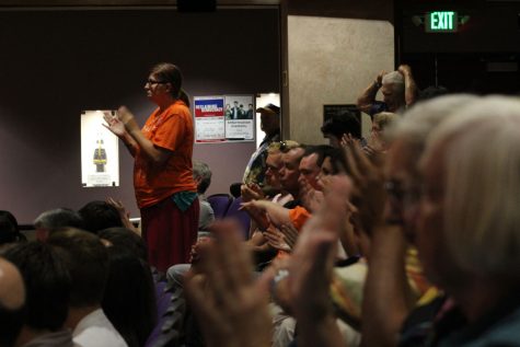 Audience applauding state and national leaders at “A Conversation “A Conversation with Attorney General Xavier Becerra” event hosted by Congressman Salud Carbajal, Assemblymember Monique Limon and State Senator Hannah Beth Jackson 1:30 p.m. in the Fe Bland Forum at Santa Barbara (Calif.) City College Saturday, Aug. 26, 2017. People of all ages from students to seniors attended the event to hear them talk about key political and social issues.