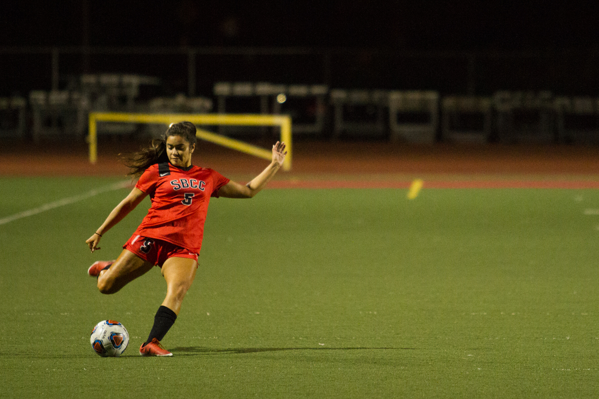 City College defender Gardenia Maya kicks the ball during their match against Clovis College at La Playa Stadium in Santa Barbara, Calif. on Sept. 15, 2017. City College won 1-0 against Clovis and their next home game will be against Chaffey College 2 p.m. Tuesday, Sept. 19.