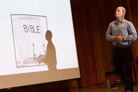 Cal Poly professor Adam benShea explaining the term of fundamentalism to an audience of 100 Thursday, Sept. 7, 2017, at the Fe Bland Forum in Santa Barbara City College. BenShea asked the audience, “when you think of fundamentalism, what comes to mind?”