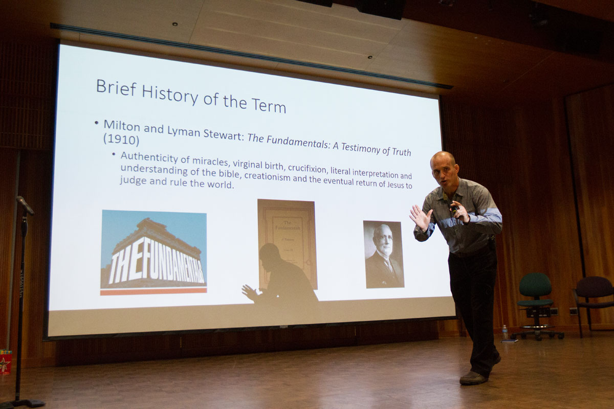 Cal Poly Lecturer Adam benShea speaking at the “Religion and Violence” colloquium Thursday evening, Sept. 7, 2017, at the Fe Bland Forum in Santa Barbara City College. BenShea was giving a brief lesson on the history of fundamentalism and the difference between fundamentalists and traditionalists.