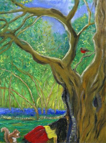 Courtesy art from painter Christina Pagès. The scene portrayed in the painting alludes to the first time she ever wrote a poem when she was 8-years-old, sitting up in a tree.