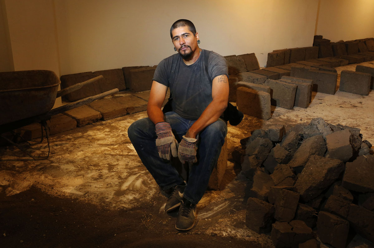 Courtesy art of Rafa Esparza. Esparza is in the process of building an adobe structure that will be on view from Oct. 6 to Dec. 1 in the Atkinson Gallery at Santa Barbara City College, Santa Barbara, Calif.