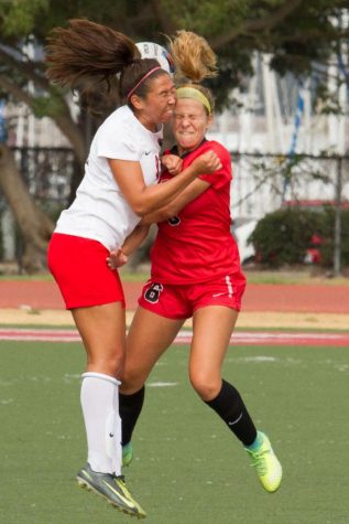 Chloe Montano (No. 6) and Kylie Covington (No.21) both going for the ball in midair collision Tuesday afternoon, Sept. 19, 2017, in La Playa Stadium at Santa Barbara City College. The SBCC Vaqueros won the game 2-0 and are still undefeated for the season.