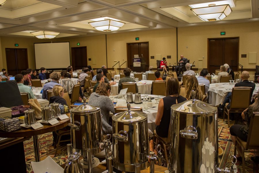 Attendees of the Global Manufacturing for Startups Summit listen to speakers Julie Samson and Django Dexter discuss international manufacturing strategies Friday, Oct. 27, at the Fess Parker DoubleTree Resort.