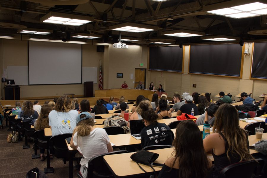 Students attend the lecture “How I Made It in the World of Art" Wednesday, Oct. 18, in Administration Building Room 211.