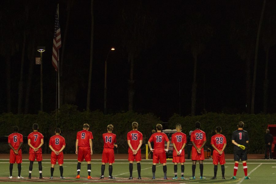 (From left) Abiodun Akintioye, Carlos Espinoza, Jessie Jimenez, Matthew Wilkinson, Charlie Kent, Mitchell Walker, Zachary Sneddon, Victor Chavez, Sonny Boyoko, Adrian Gamez, and Shane Pitcock of the City College Vaqueros Friday, Oct. 13, at La Playa Stadium during their match against Oxnard College Condors. The Vaqueros ended up winning the game 2-1 against the Condors.