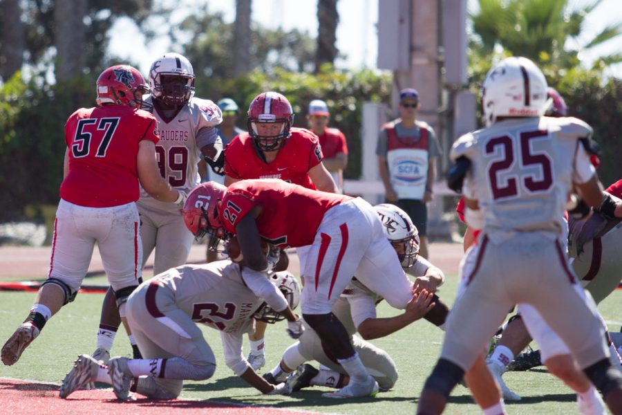 City College Vaqueros defending goal line against Antelope Valley Marauders Saturday, Oct. 21, at La Playa Stadium. The Vaqueros lost 17-7 against the Marauders.