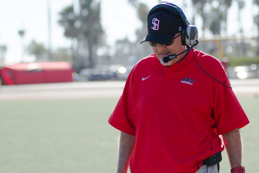 Vaqueros head football coach Craig Moropoulos on the sideline during a game on Saturday, Oct. 21, 2017 at La Playa Stadium in Santa Barbara, Calif. 
