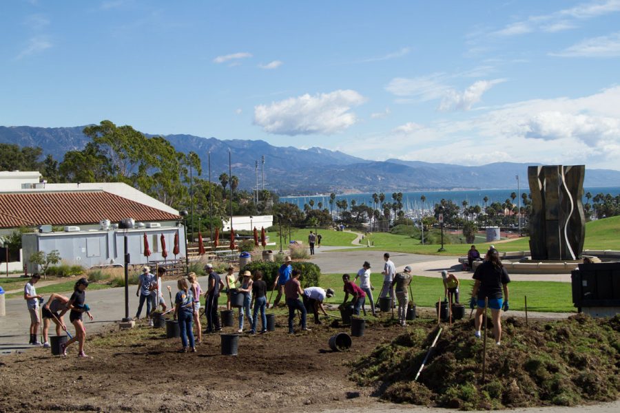 The first Permaculture Garden workday 9 a.m. to 4 p.m. Friday, Oct. 20, on West Campus. Volunteers tore up a plot of land in order to plant native flowers that will attract pollinators and help the garden grow.