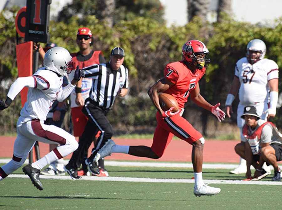 Courtesy art from David Loveton of Donald Lambert (No. 7) escaping Compton defender for 69-yard touchdown, Sept. 23, at La Playa Stadium. The Vaqueros won 48-16 against Compton College.