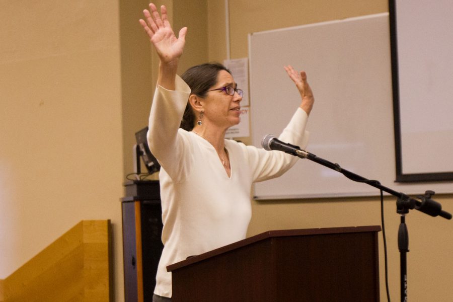 Kim Monda, former City College Academic Senate president, speaking out vehemently against the approval of Board Policy 3150, which proposes a continuing optimal size for City College of 15,000 Full Time Equivalent Students, Thursday afternoon, Oct. 12, in Administration Building Room 211. The policy was approved by the Board of Trustees 6-1 despite despite opposition from several faculty members.