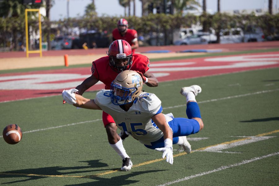 Marshawn Davenport (No.31) defends a pass intended for Nick Kimball (No.15) at Saturday, Oct. 14, at La playa stadium. The SBCC Vaqueros were defeated by Alan Hancock Bulldogs 31-3.