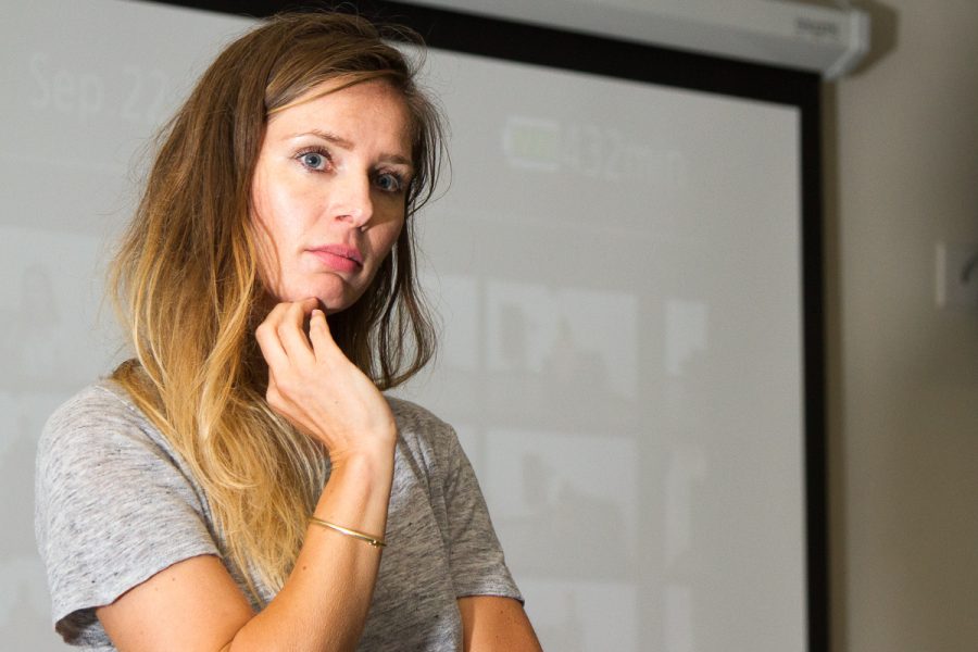 Leona Paraminski, Croation actress and adjunct faculty, reviews work with her students on Friday, Sept. 29, in the Drama and Music Building on West Campus . Paraminski teaches a class called acting for the screen” on Friday afternoons that prepares her students to act in front of the camera.