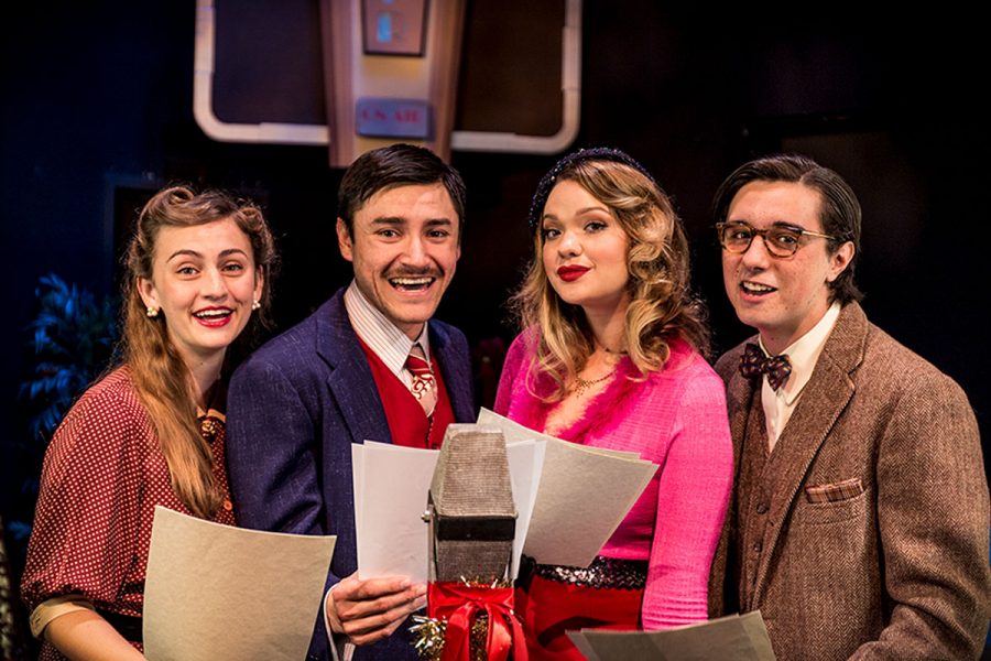 (From left) “It’s a Wonderful Life, a Live Radio Play” cast members Hannah Steinmann, Nicholas Sheley, Madison Duree and Gabriel Uribe-Eccles in the Jurkowitz Theater. Image courtesy of the SBCC Theatre Arts Department.