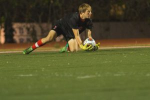 Shane Pitcock after blocking a shot Thursday night, Nov. 9, at La Playa Stadium.
