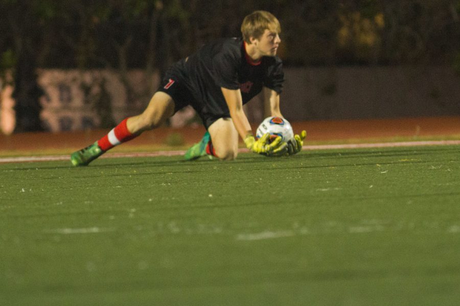 Shane Pitcock after blocking a shot Thursday night, Nov. 9, at La Playa Stadium. 