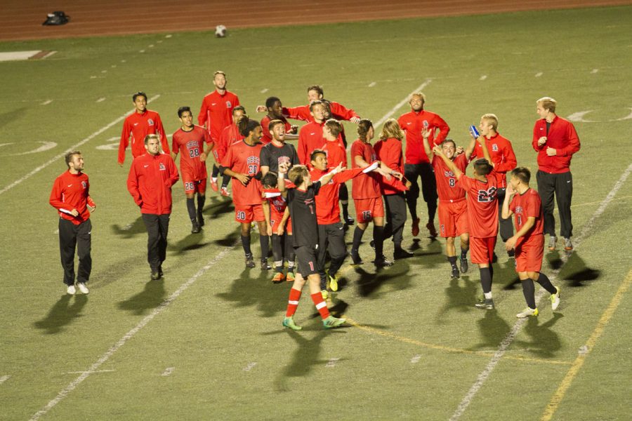 The City College men’s soccer team chanting together after winning their last conference game Thursday, Nov. 9, at La Playa Stadium. The City College men’s soccer team is ranked fifth in the state, and fourth in the nation.