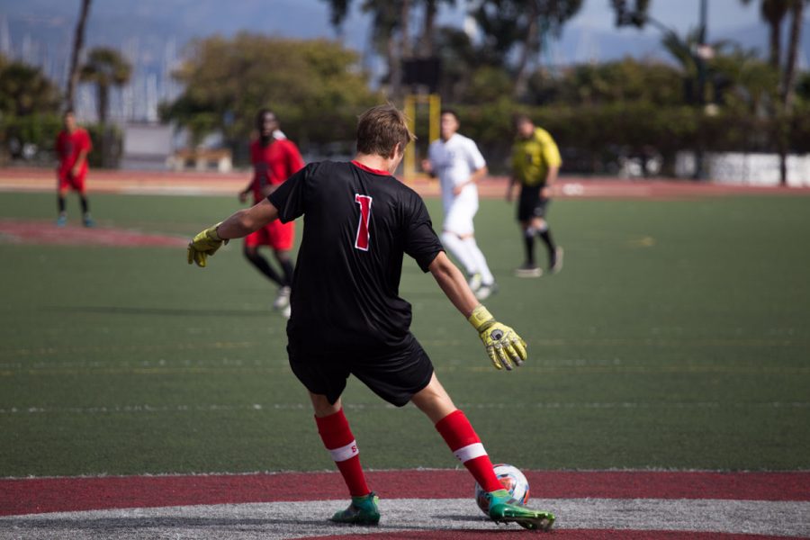 Vaqueros starting goalie Shane Pitcock (No.1) boots a ball down to his teammates Friday, Nov. 3, at La Playa stadium. 