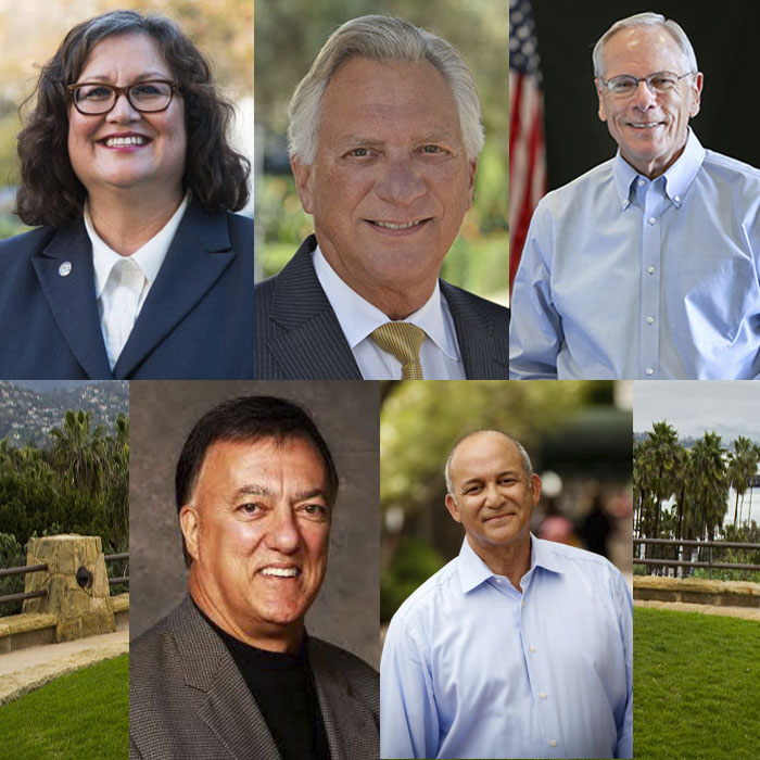 (From top left) Mayoral candidates Cathy Murillo, image courtesy of cathymurillo.com, Frank Hotchkiss, courtesy of villagesite.com, Bendy White, courtesy of santabarbaraca.gov, Hal Conklin, courtesy of ca-ilg.org and Angel Martinez, courtesy of angelmartinez.com.