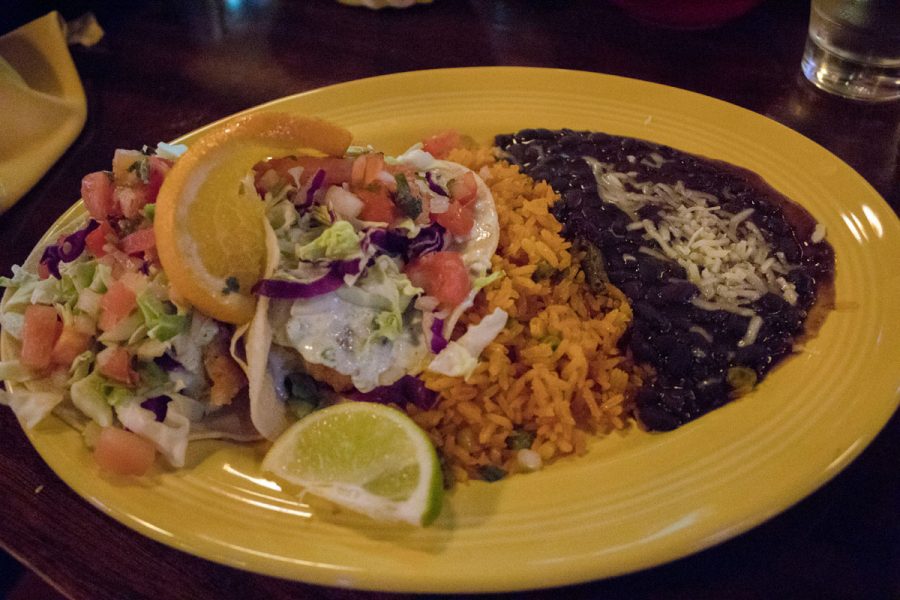 The baja tacos filled with battered white snapper fish, cabbage, pico de gallo and jalapeño tartar sauce Thursday, Nov. 30, 2017 at Casa Blanca in downtown Santa Barbara. The tacos were served with sides of rice, beans, and complimentary chips and salsa.