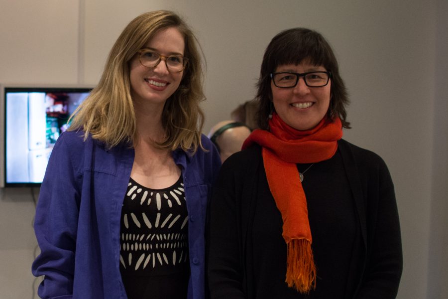 (From left) Laura Krifka, and Heidi Kumao at the opening of Herself in the Atkinson Gallery at Santa Barbara City College, on Jan 26. (Alejandro Gonzalez Valle)