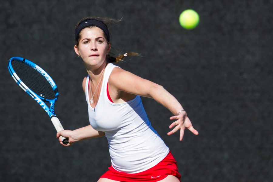 Katelyn Peyvandi of the Santa Barbara City College Vaqueros in action during her match against Miah Webb of the Glendale College Vaqueros at Pershing Park at Santa Barbara City College in Santa Barbara, Calif., on Thursday, Feb. 22, 2018.