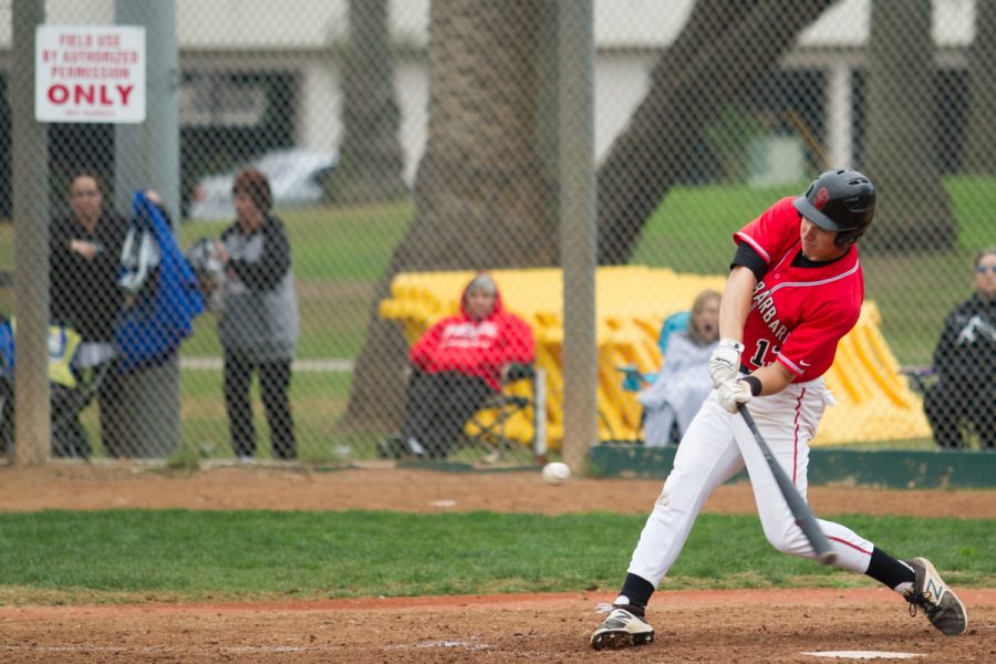 Vaqueros Outfielder John Jensen (No. 13) hits a 2nd home run during their match against Los Angeles Pierce College at Pershing Park in Santa Barbara, on Saturday, Feb. 10. City College were in the lead 9-7 in the 7th inning as a result of Jensen’s home-run.